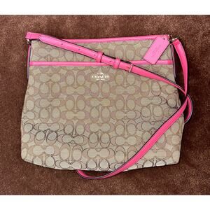 Coach Signature Canvas Crossbody Bag with Pink Leather Trim